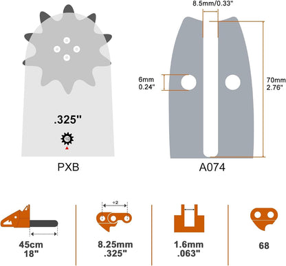 18" Chainsaw Bar and 2 Chain Combo .325" .063" 68DL for STIHL MS-250